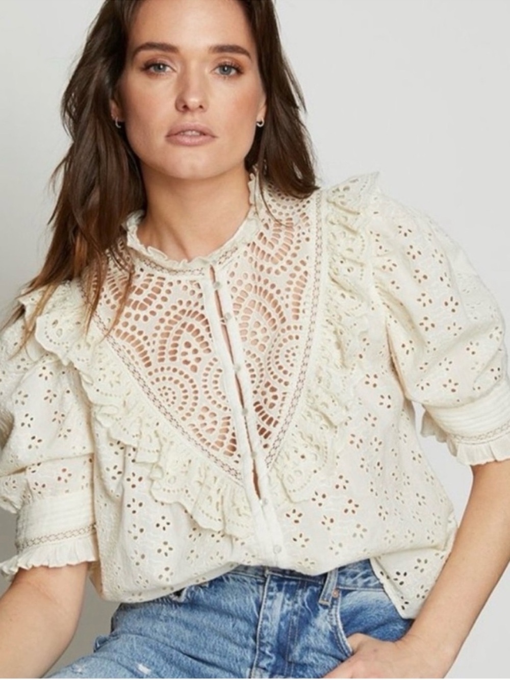 Women’s Eyelet Ruffle Button-Down Shirt — Cream - Picture 2 of 7